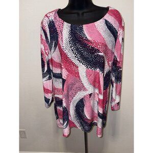 J M Collection Top Blouse Womens Size L Top Long Sleeves Geometric Bedazzled